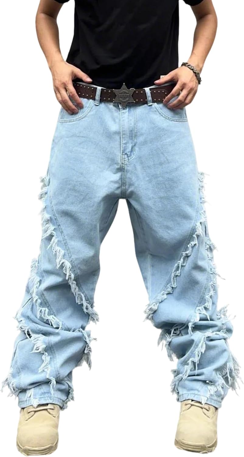 men baggy jeans street rock style fringe frayed edges jeans patchwork wide leg skater denim pant