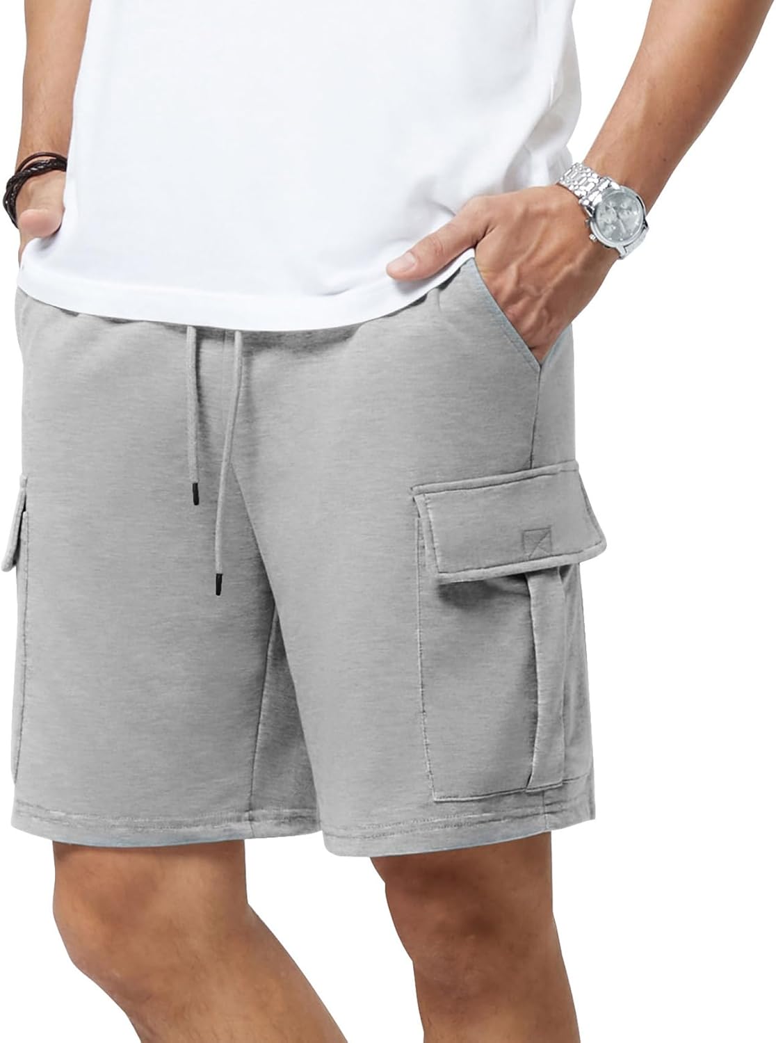 men casual sweat cargo cotton shorts drawstring elastic waist athletic workout gym jogger shorts with 5 pockets