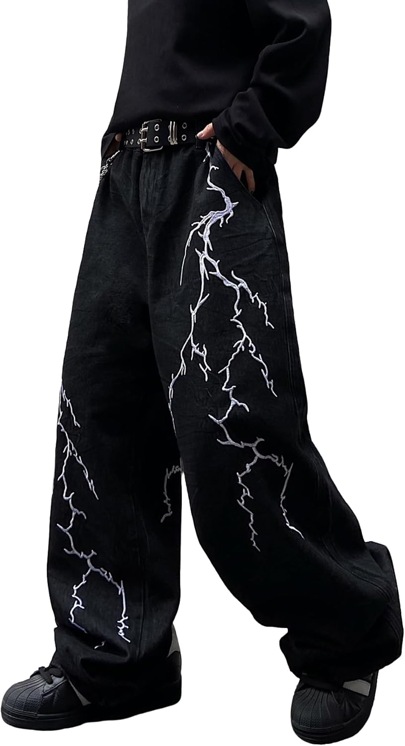men hip hop embroidered baggy jeans loose fit denim black trousers