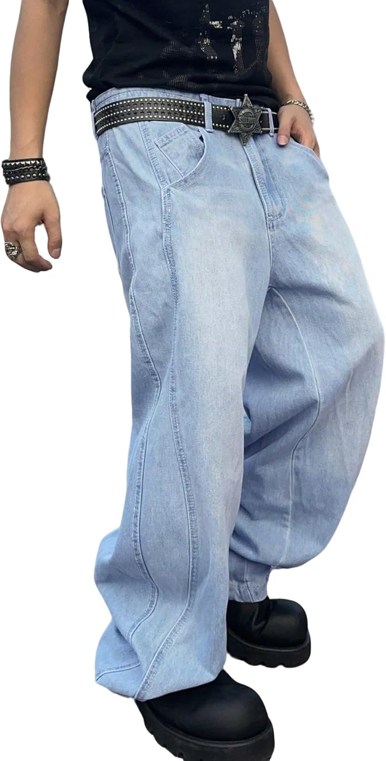 men irregular sutures baggy jeans with angled pocket y2k hip hop wide leg denim pants